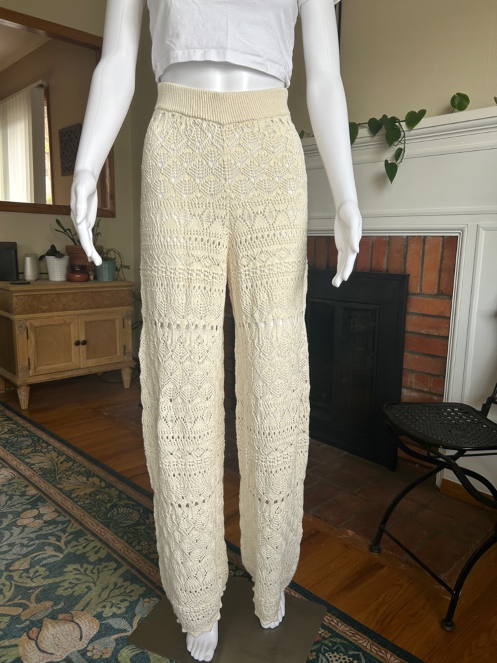 House of Harlow 1960 Cream Crochet Knit Cotton Pants Boho Resort
